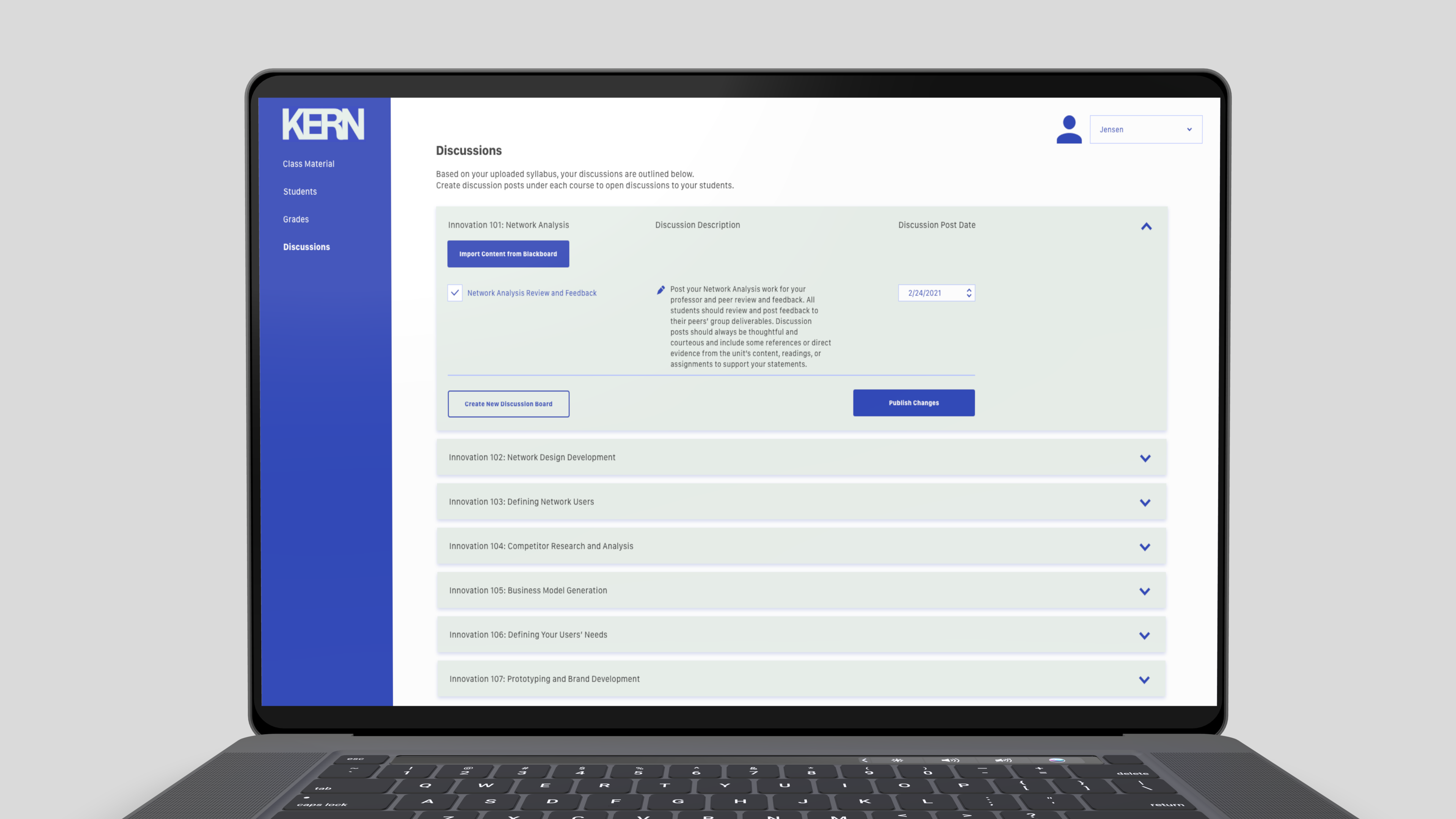 Kern professor monitoring discussions by students on Kern, an education technology edtech platform designed by Dillon the Designer