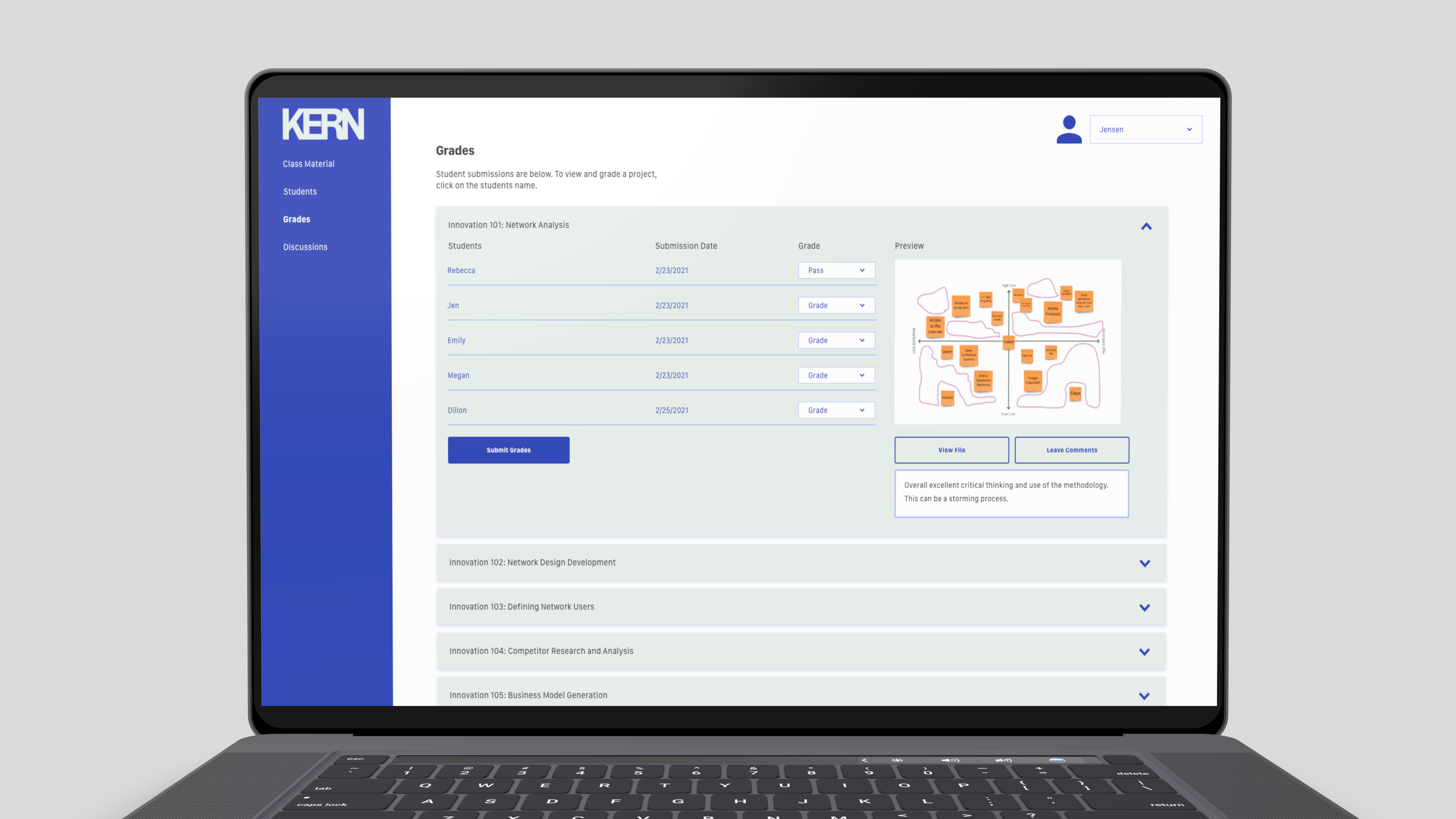 Kern professor grading and reviewing grades on Kern, an education technology edtech platform designed by Dillon the Designer