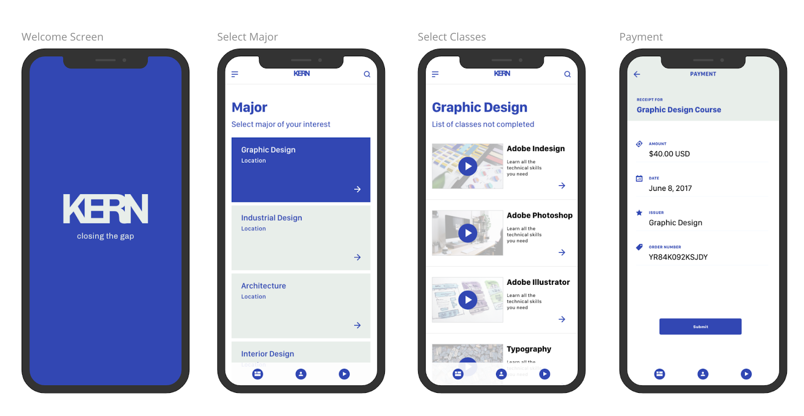 Kern student screens, an education technology edtech platform designed by Dillon the Designer
