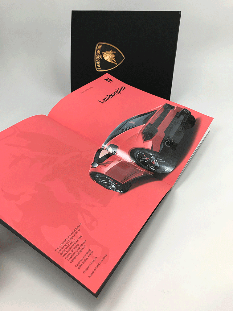 Lamborghini book cover, slipcover, and opening spread