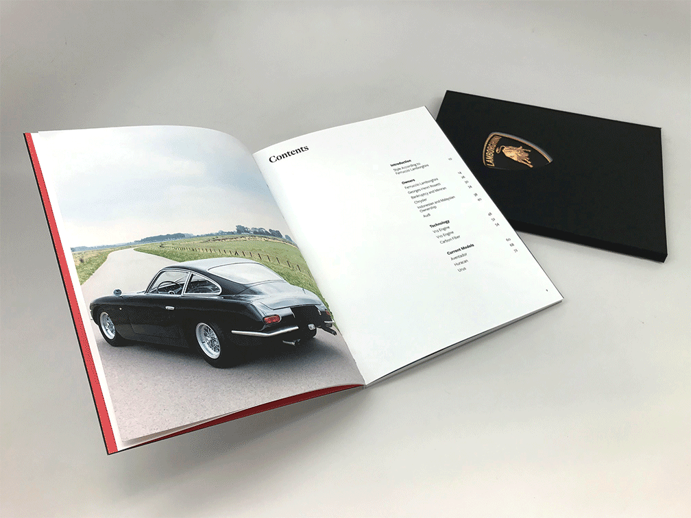 Lamborghini book table of contents and cover