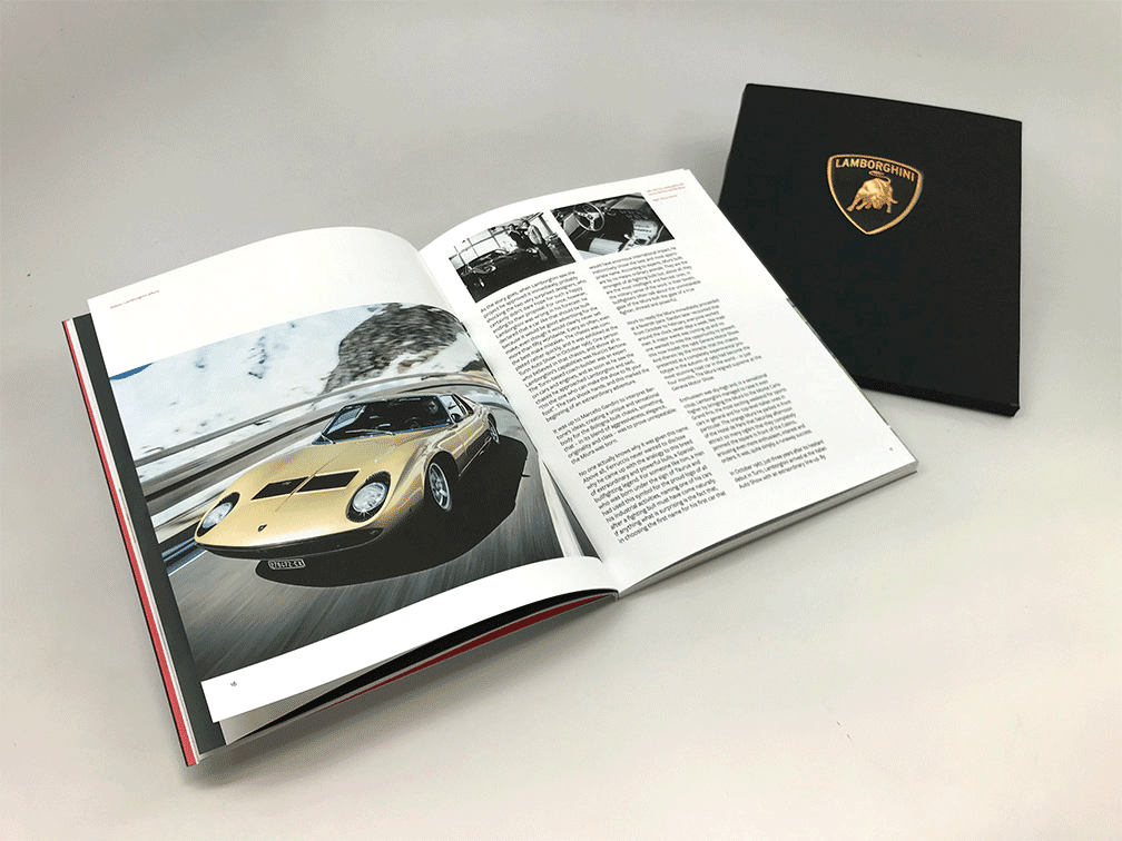 Lamborghini book spread with cover