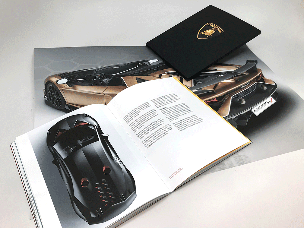 Lamborghini book spread, poster, and cover